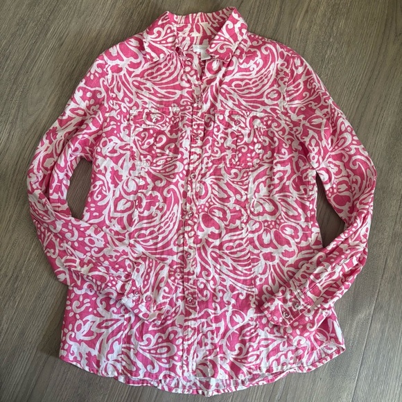 Charter Club 100% Linen Pink White Paisley Button Down Blouse Sz 4 Easter Floral - Picture 6 of 13